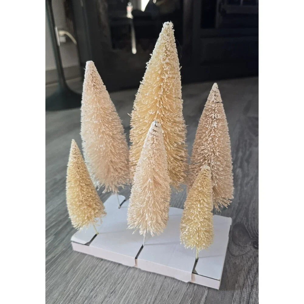 Set of 6 Cream Bottle Brush Flocked Christmas Trees Village NEW